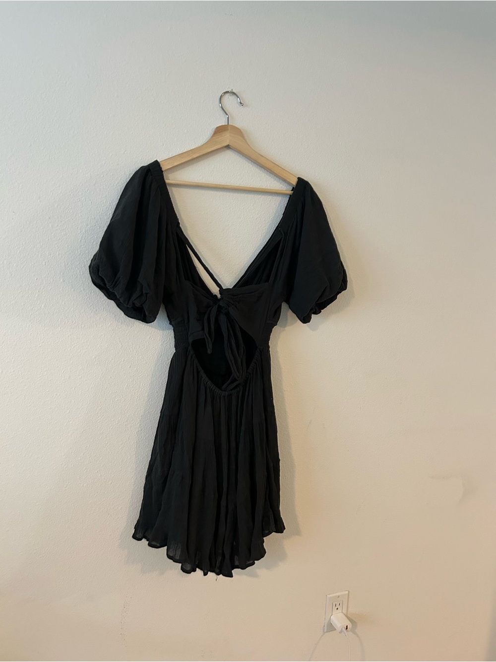 Free People Blue Open Back Mini Dress XS Puff Sleeve Boho Gauze Tie Back - Picture 6 of 9